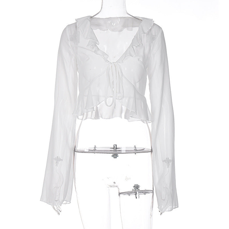 Damen Transparente Langarmbluse mit Rüschen und Bindegürtel EB