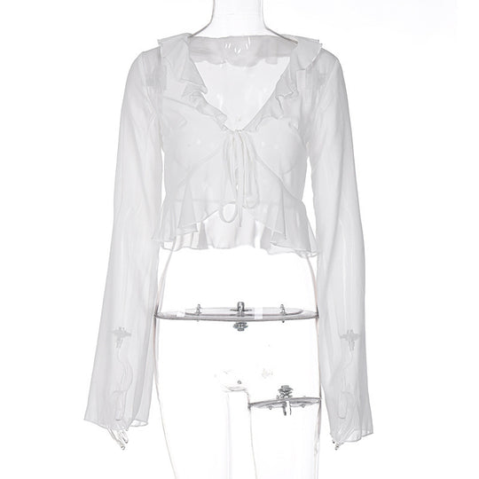 Damen Transparente Langarmbluse mit Rüschen und Bindegürtel EB