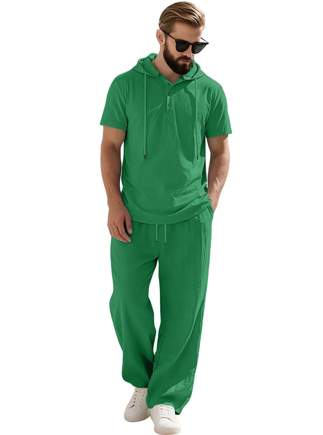 Herren nan lässiges Kurzarm-Kapuzenshirt im gekreppten Baumwollmix mit Henley-Knopfleiste EB