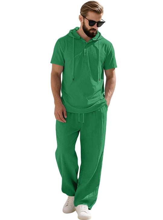 Herren nan lässiges Kurzarm-Kapuzenshirt im gekreppten Baumwollmix mit Henley-Knopfleiste EB