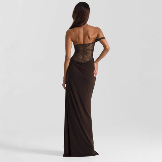 Damen Elegantes Cocktailkleid mit Spitzenoberteil und fließendem Rock EB