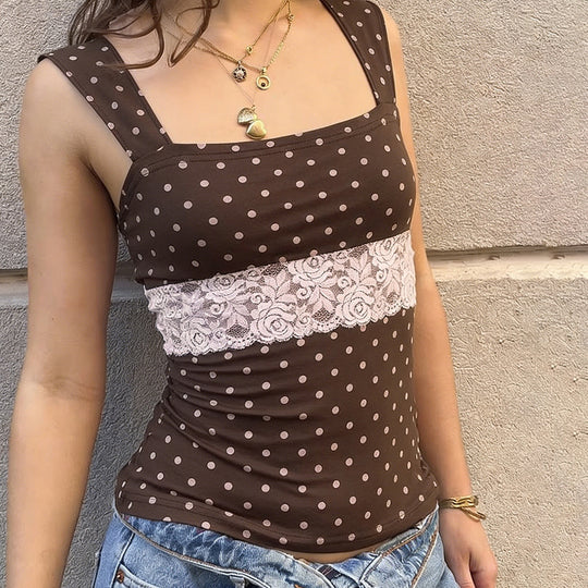 Damen Spaghetti-Trägertop mit Spitzeneinsatz und verspieltem Punktdesign EB