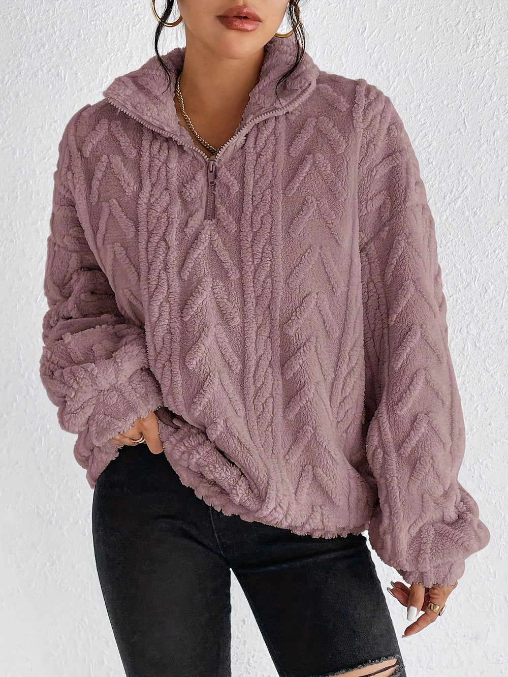 Damen Gemusterter Oversized-Fleece-Pullover mit hohem Kragen EB