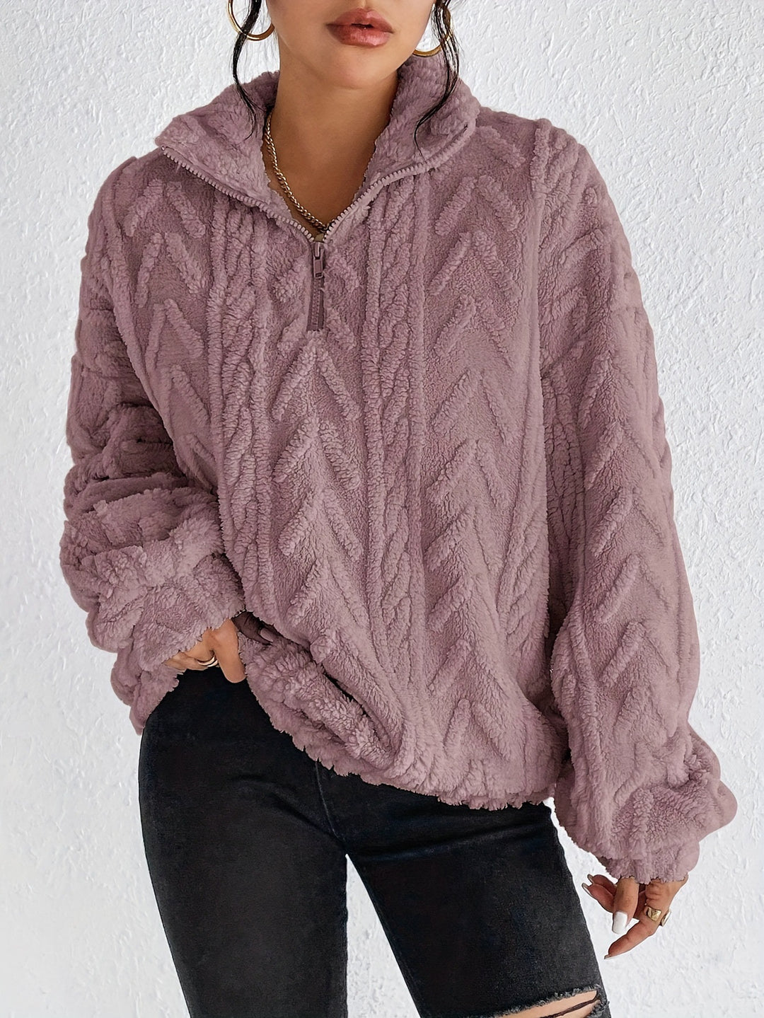 Damen Flauschiger Oversized-Pullover mit Zipper und Rippstruktur EB