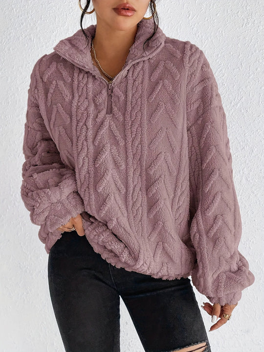 Damen Flauschiger Oversized-Pullover mit Zipper und Rippstruktur EB