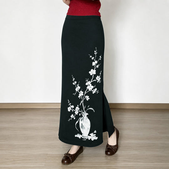 Damen nan ausgestellter Maxi-Rock mit A-Linien-Schnitt, elastischem Bund und floraler Aquarell-Vasen-Print EB