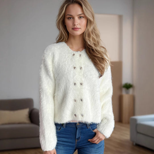 Damen flauschige Strickjacke mit herzförmigen Knöpfen und lockerer Passform EB