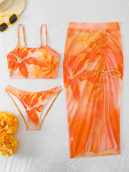 Damen Bikini-Set mit floralem Balconette-Oberteil und transparentem Wickelrock EB