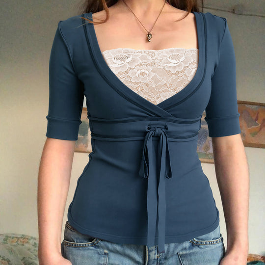 Damen Wickeloberteil mit Spitzenbesatz und Taillenband EB