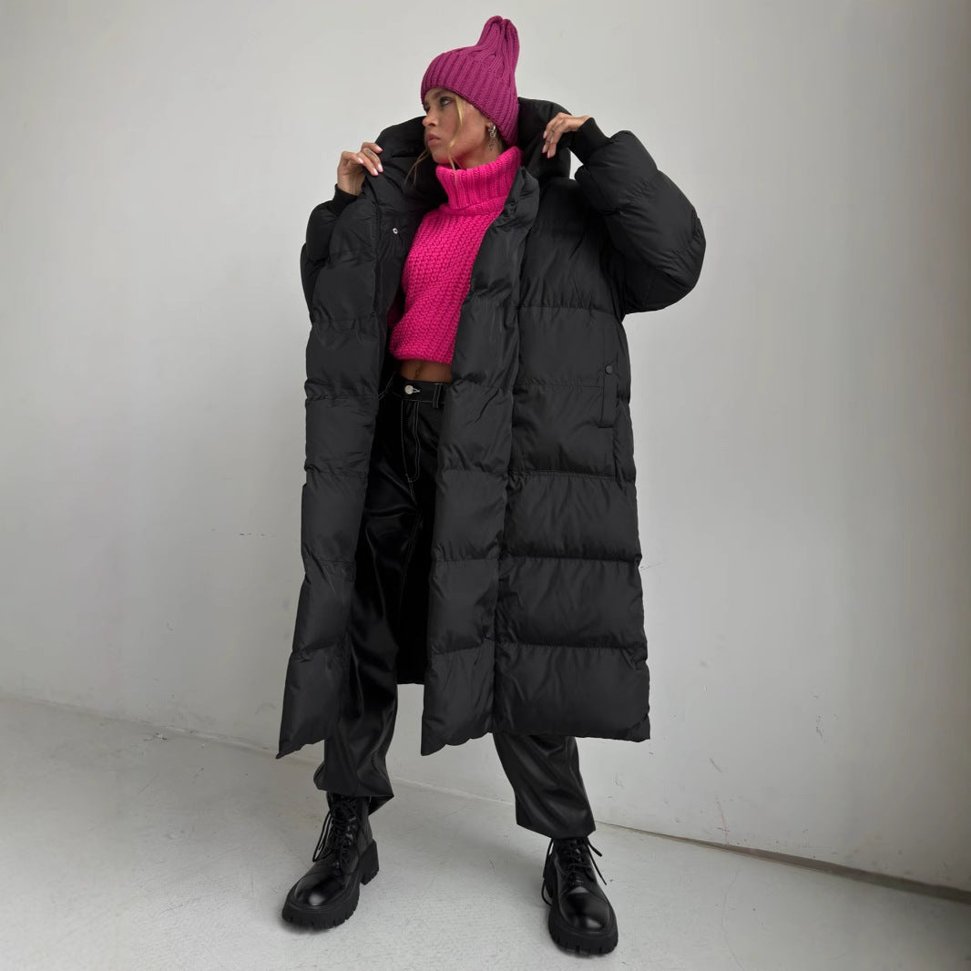 Damen Lange Steppjacke mit Kapuze und praktischem Reißverschluss EB
