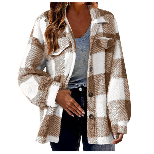 Damen nan kuschelige Sherpa-Karo-Übergangsjacke mit Brusttaschen und großzügigem Oversize-Schnitt EB