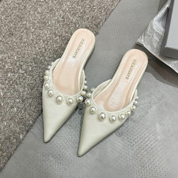 Damen Spitzen-Mules mit glänzenden Perlenverzierungen EB