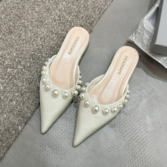 Damen Spitzen-Mules mit glänzenden Perlenverzierungen EB