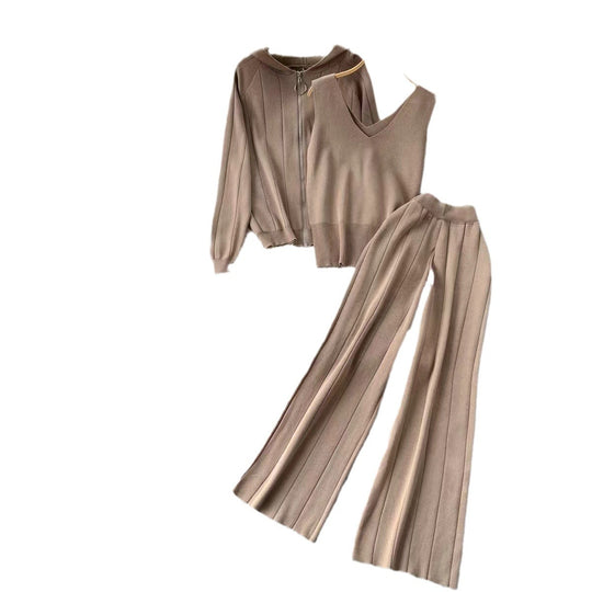 Damen modisches Strick-Loungewear-Set mit V-Ausschnitt und Kapuze EB
