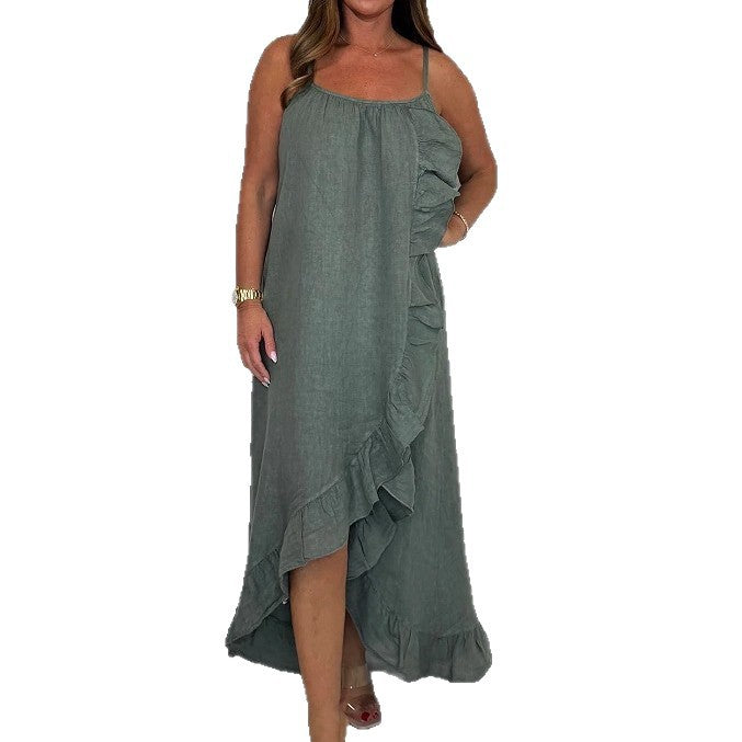 Damen Langarm Maxikleid mit asymmetrischem Saum und Rüsche EB