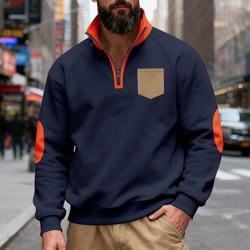 Herren nan Quarterzip-Sweatshirt mit Stehkragen, kontrastiertem Reißverschluss, Ellbogenpatches und Brusttasche EB