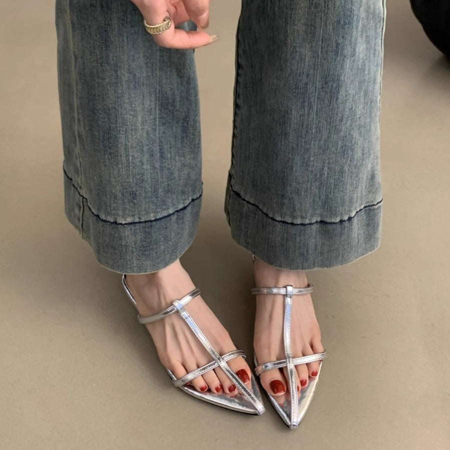 Damen elegante Slipper mit verstellbaren Riemen und spitzem Design EB