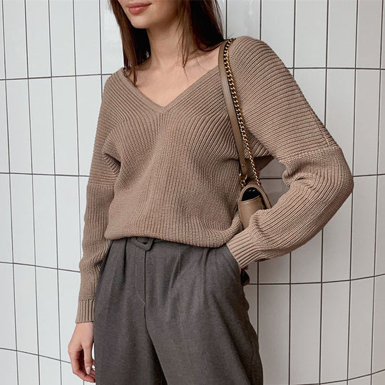 Damen eleganter V-Ausschnitt Pullover mit feiner Rippenstruktur und überschnittenen Schultern EB