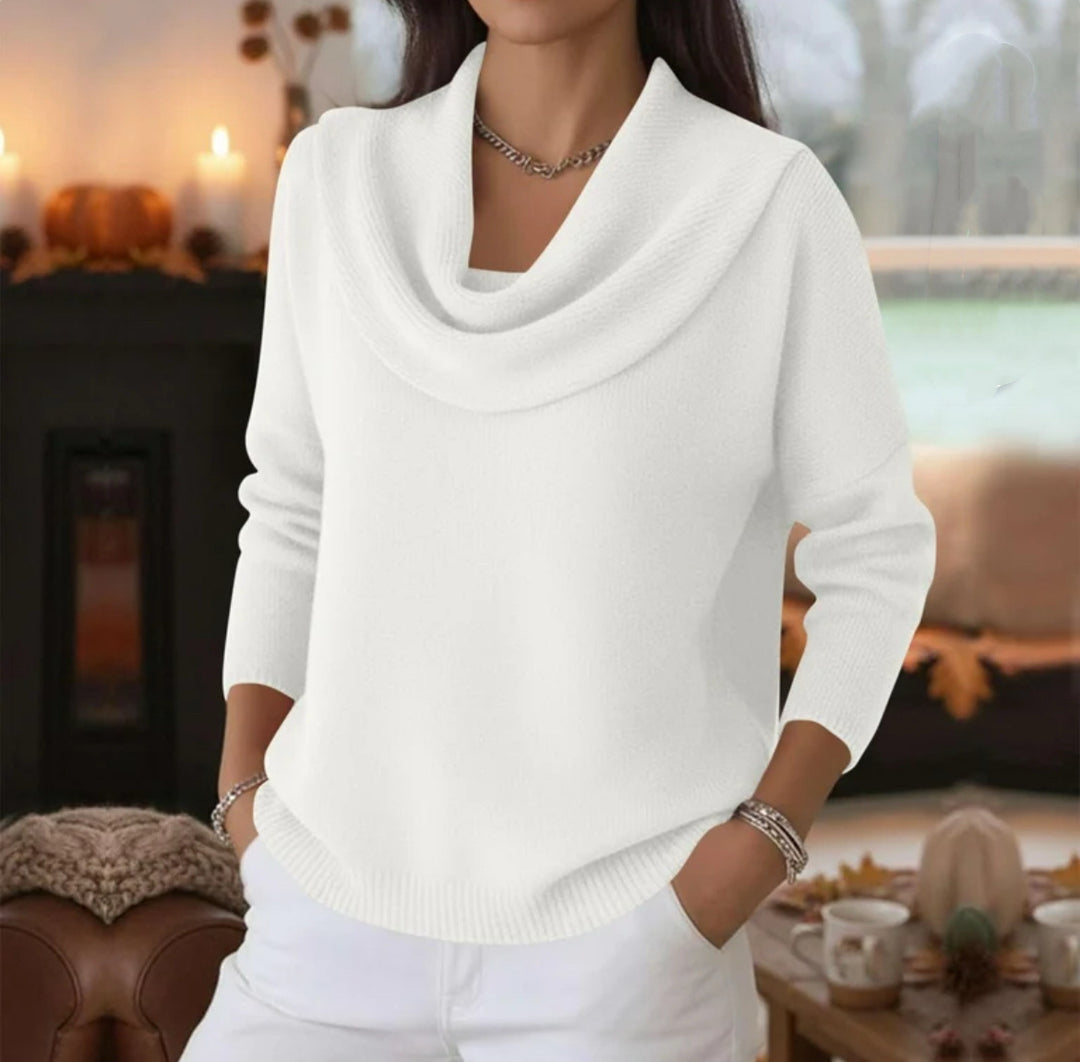 Damen Lässiger Schalkragen-Feinstrickpullover mit überschnittener Schulter und geripptem Saum EB