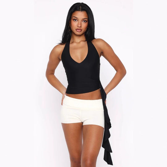 Damen Elegantes Oberteil mit tiefem V-Ausschnitt und asymmetrischem Design EB