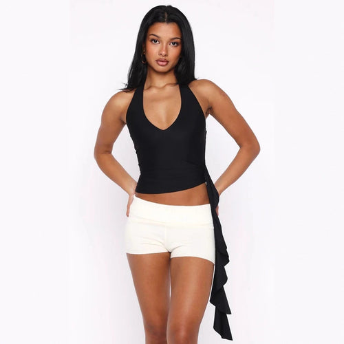 Damen Elegantes Oberteil mit tiefem V-Ausschnitt und asymmetrischem Design EB