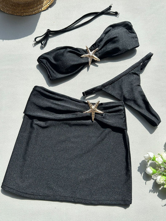 Damen Bandeau-Bikini-Set mit schicker Rüschenverzierung und modischem Rock EB