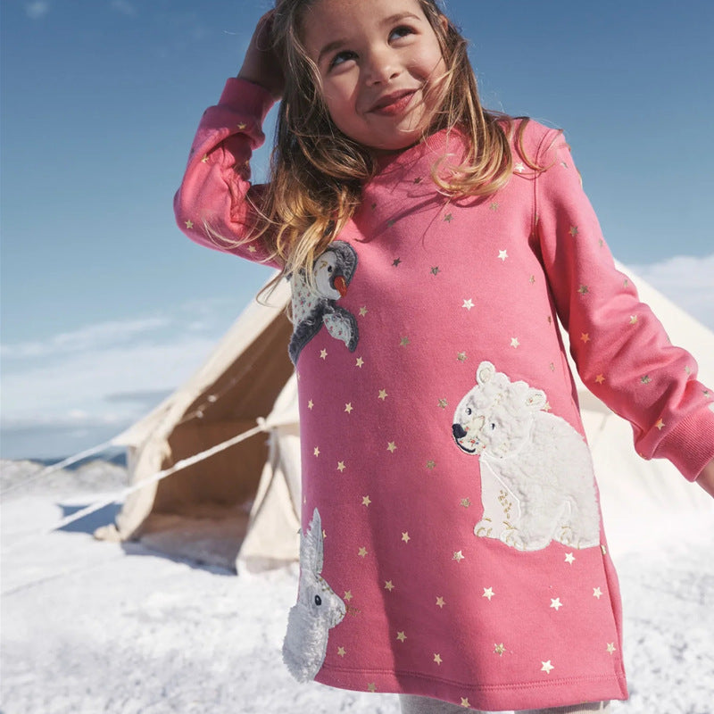 Mädchen Langarmkleid mit niedlichem Tiermotiv EB