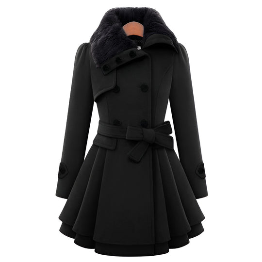 Damen eleganter Trenchcoat mit abnehmbarem Fellkragen und Taillengürtel EB