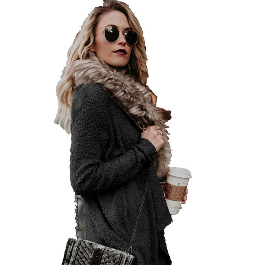 Damen Flauschiger Cardigan mit abnehmbarem Kunstfellkragen EB