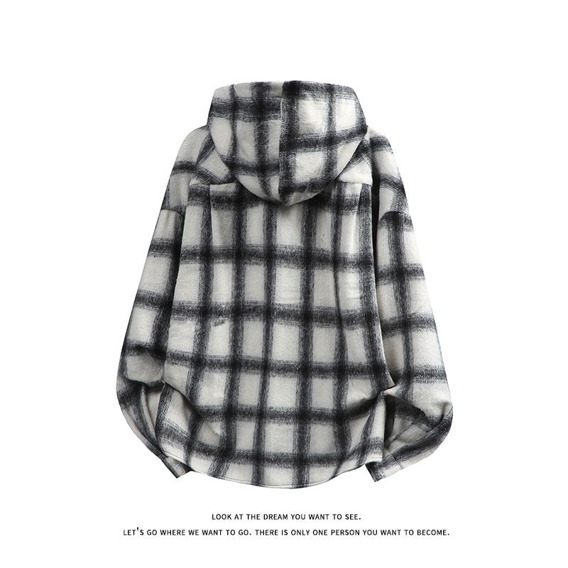 Unisex nan oversized Kapuzen-Hemdjacke aus Flanell mit Karomuster und Brusttasche EB
