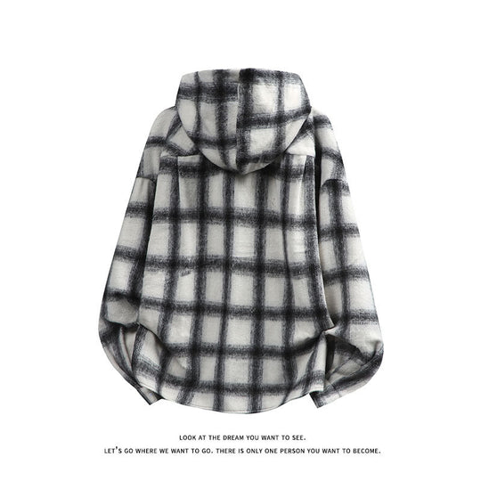 Unisex nan oversized Kapuzen-Hemdjacke aus Flanell mit Karomuster und Brusttasche EB