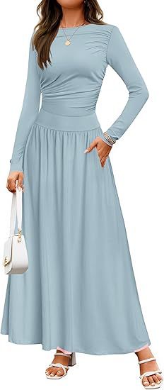 Damen Langärmliges Maxikleid mit eleganten Rüschendetails und praktischen Taschen EB