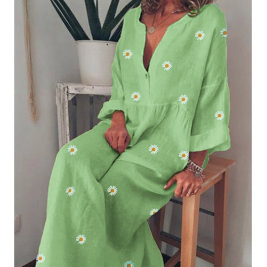 Damen Langes Leinenoptik Maxikleid mit tiefem V‑Ausschnitt, lockerer Empire‑Taillierung und Margeritenprint EB