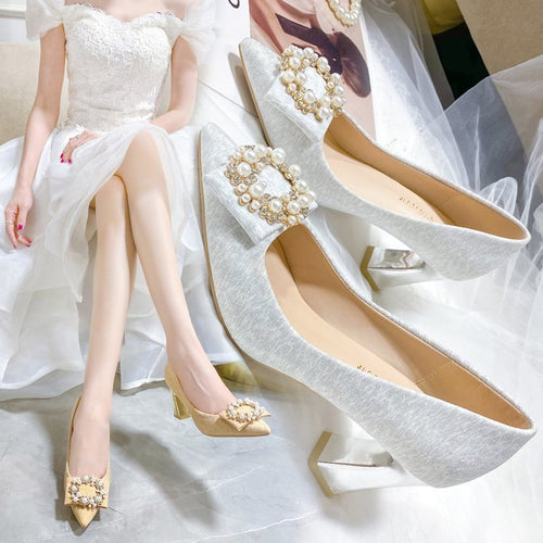 Damen elegante High Heels mit perlbesetztem Schleifenakzent und blockiertem Absatz EB