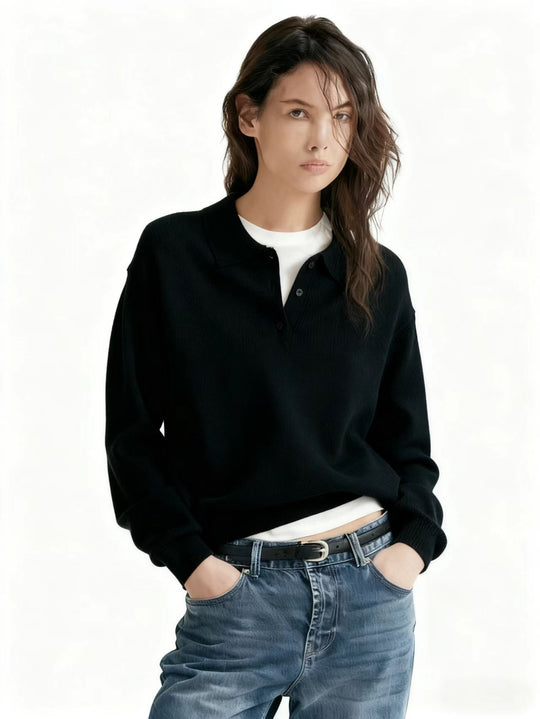 Damen Feinstrick-Polo-Sweater mit Knopfleiste und geripptem Saum EB