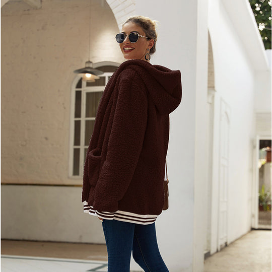Damen kuschelige Fleecejacke mit Kapuze und seitlichen Taschen EB