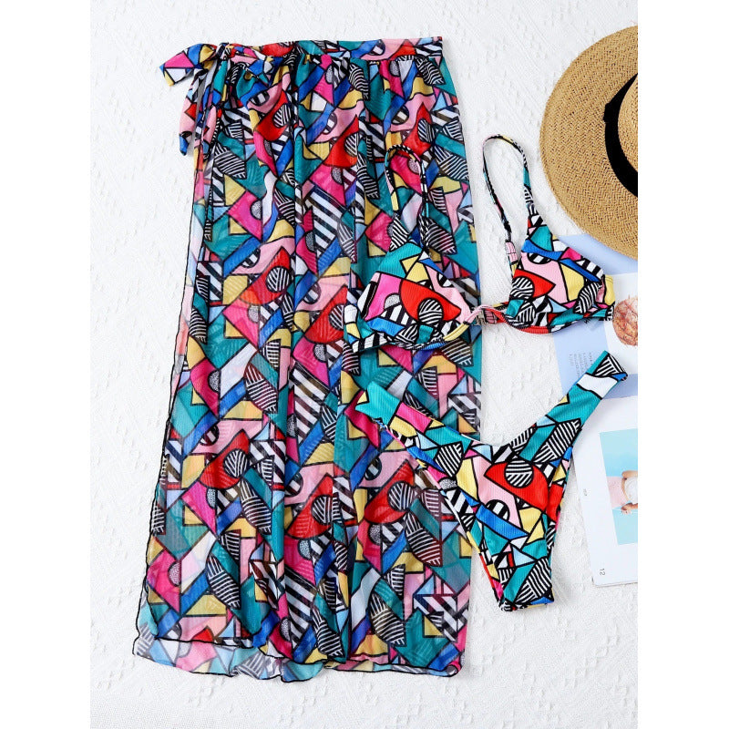 Damen Bikini-Set mit modischem Wickelrock und buntem Grafikdruck EB