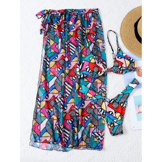 Damen Bikini-Set mit modischem Wickelrock und buntem Grafikdruck EB