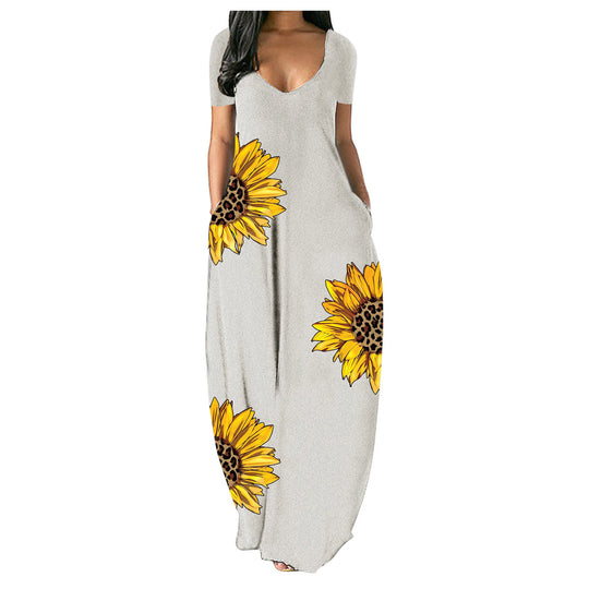 Damen Maxikleid mit floralen Akzenten und praktischen Taschen EB