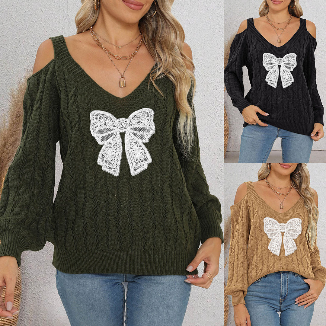 Damen modischer Pullover mit verspielt eingestricktem Schleifenmotiv EB