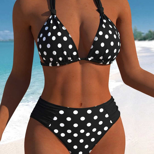Damen Hochgeschnittener Triangel-Bikini mit punktiertem Design und verstellbaren Trägern EB