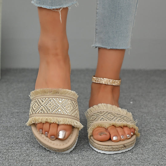 Damen modische Sandalen mit dekorativer Fransen- und Bead-Applikation EB