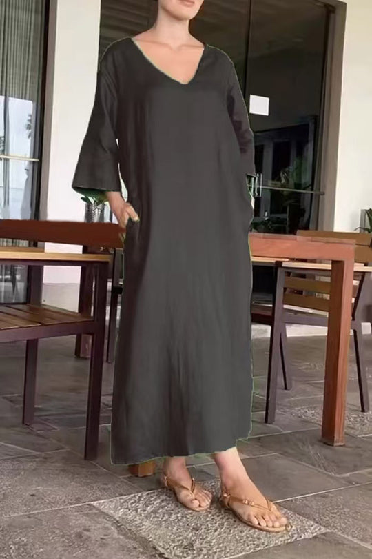 Damen luftiges Maxikleid aus atmungsaktiver Baumwolle mit V-Ausschnitt und praktischen Taschen EB