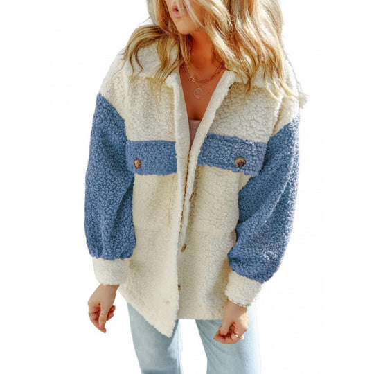 Damen kuschelige Teddyjacke mit praktischen Brusttaschen EB
