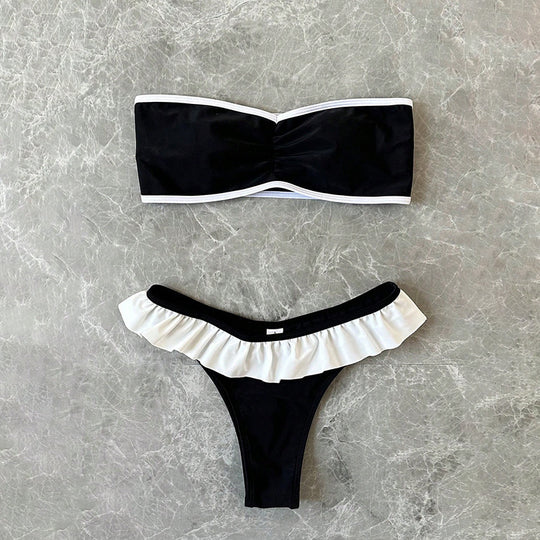 Damen Bandeau-Bikini mit Rüschen und kontrastierender Bordüre EB