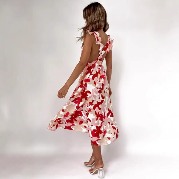 Damen Langärmliges Maxikleid mit verspieltem Rüschendesign und offenem Rücken EB