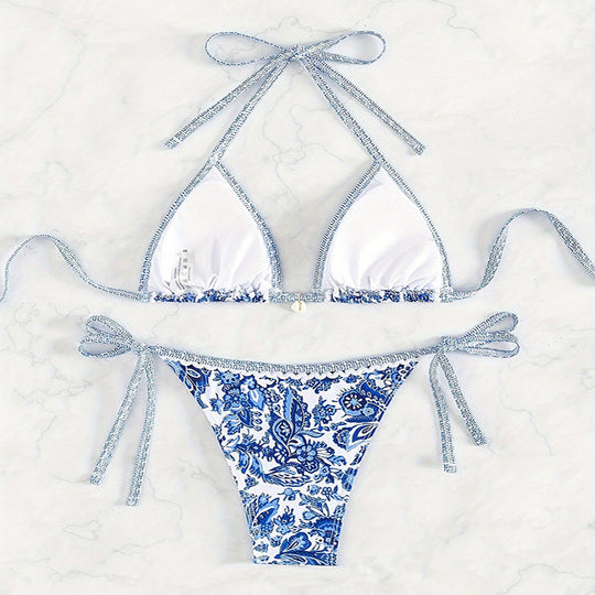Damen Triangel-Bikini mit floralem Muster und verstellbaren Bändern EB