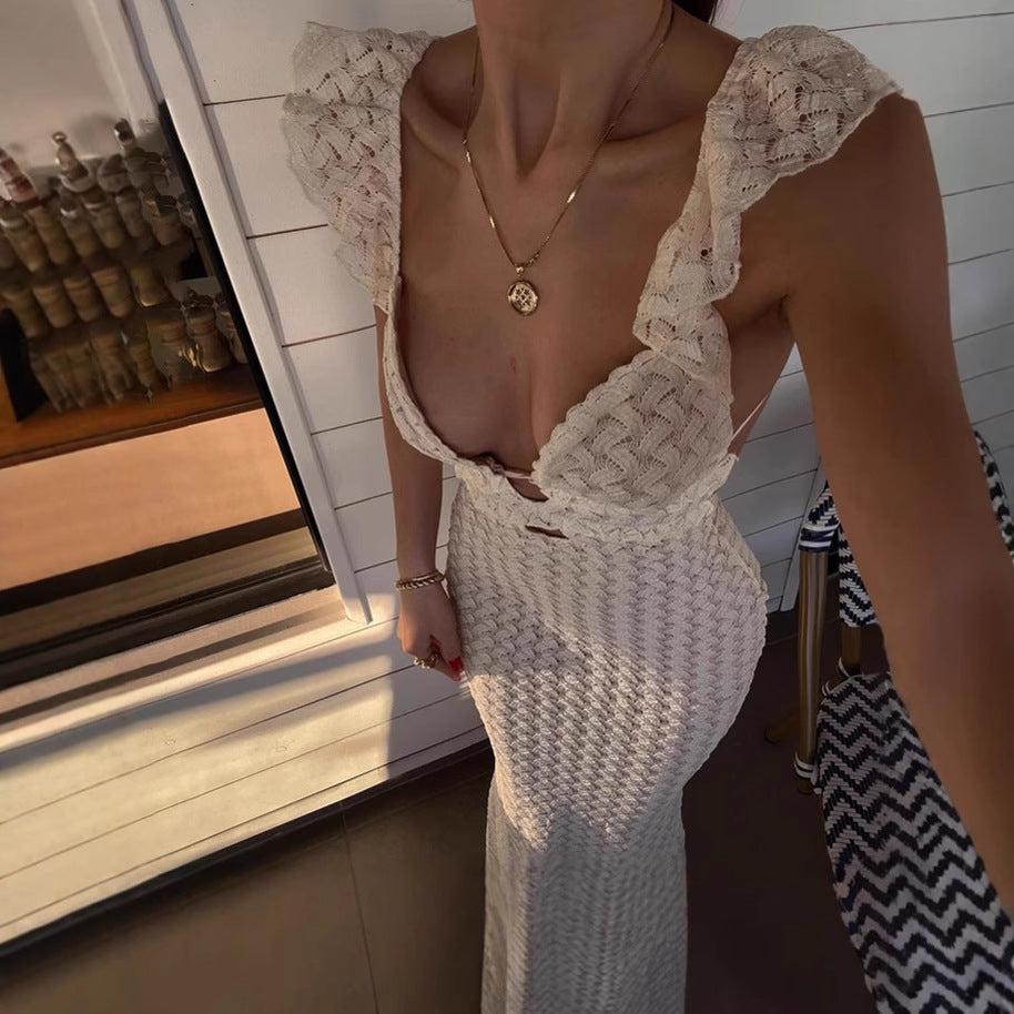 Damen Elegantes Maxikleid mit raffinierten Rüschendetails und tiefem V-Ausschnitt EB