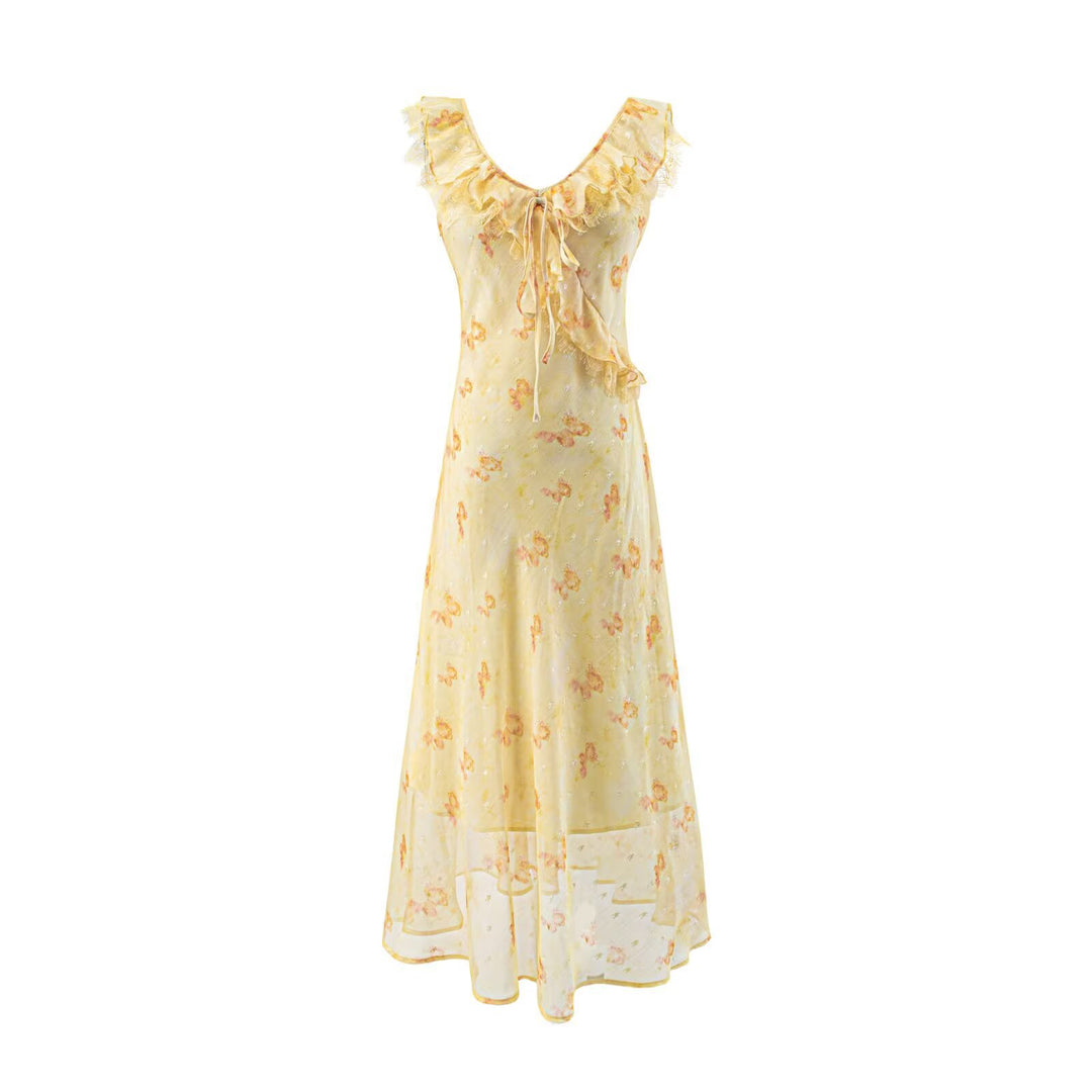 Damen Maxikleid mit verspieltem Rüschendesign und Blumenmuster EB