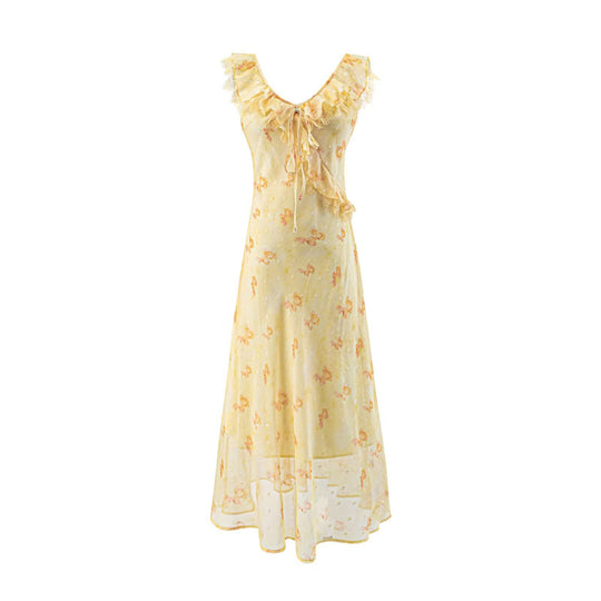 Damen Maxikleid mit verspieltem Rüschendesign und Blumenmuster EB